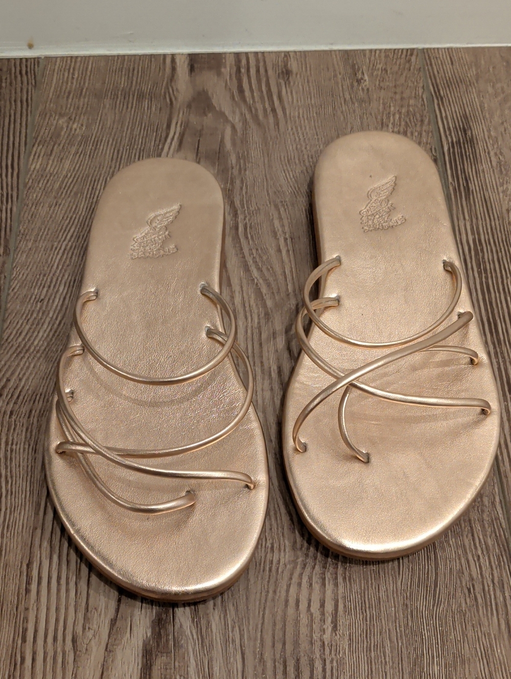 Ancient Greek Sandals - Metallic Rose Gold Strappy Slide Sandals - Women's